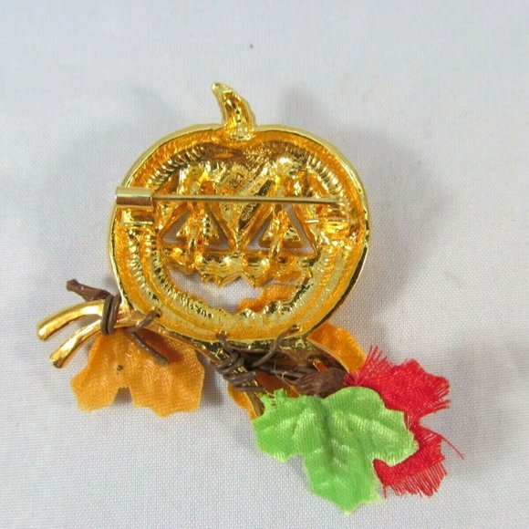 Pumpkin Brooch with Rhinestone Eyes Autumn Leaves - Picture 7 of 11